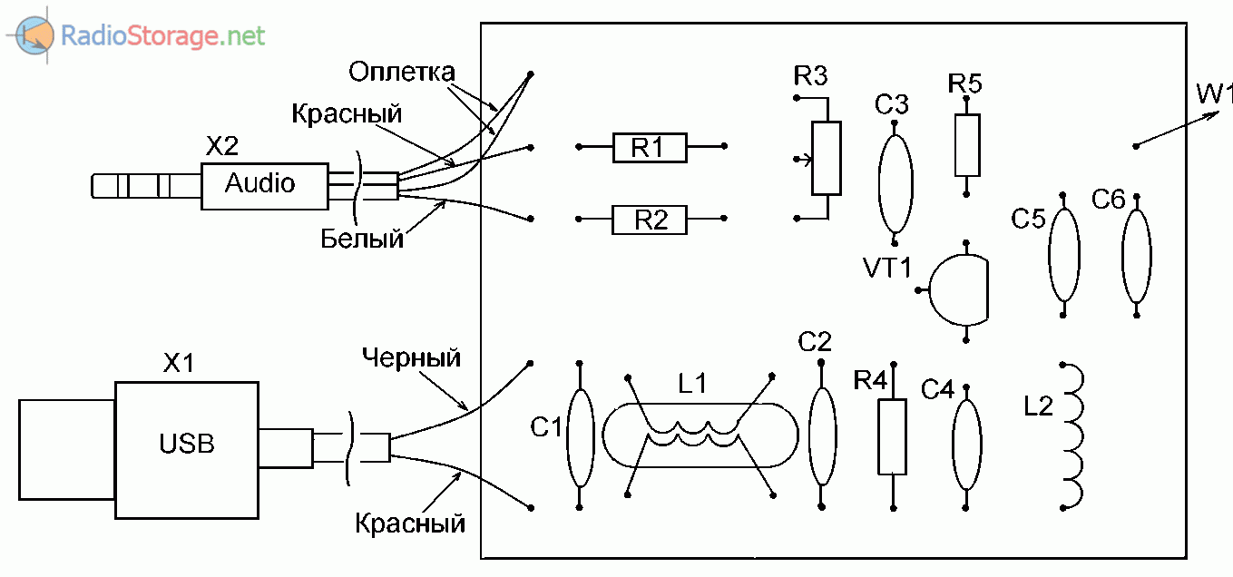 Схема расположения компонентов на плате передатчика и его подключения
