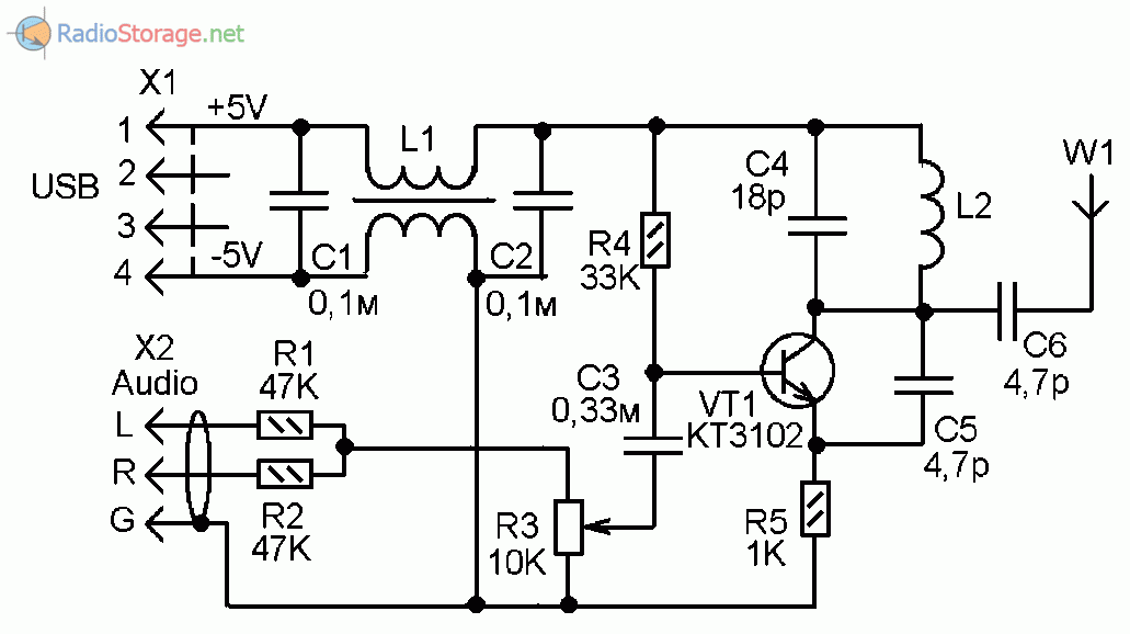 Принципиальная схема простого УКВ-FM радиопередатчика на транзисторе КТ3102