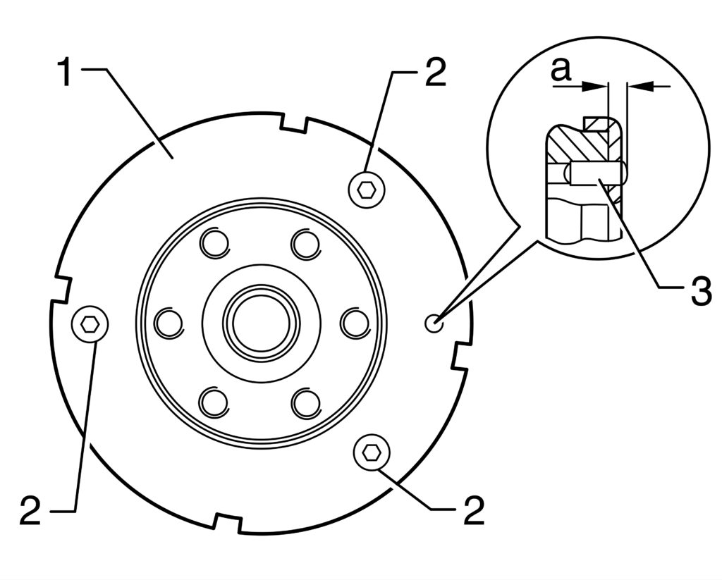 Схема проверки установочного штифта 1-колесо положения коленвала, 2-болты крепежа,3- установочный штифт а = 2,5…3,0 мм